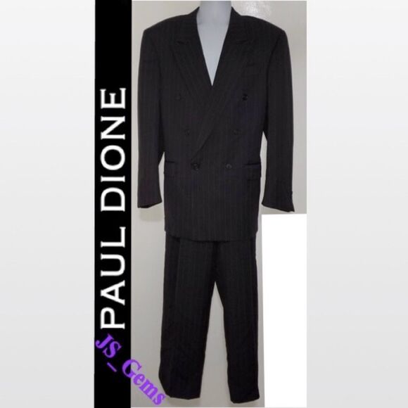Vtg '96 Paul Dione Suit Men 2 Piece Black Pinstriped Pant 34 Jacket Wool Formal - Picture 1 of 16